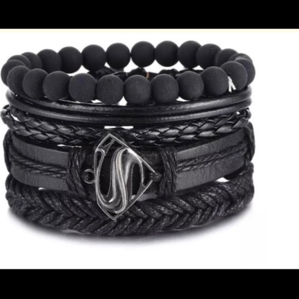 Vintage Black Leather Bead Bracelets For Men